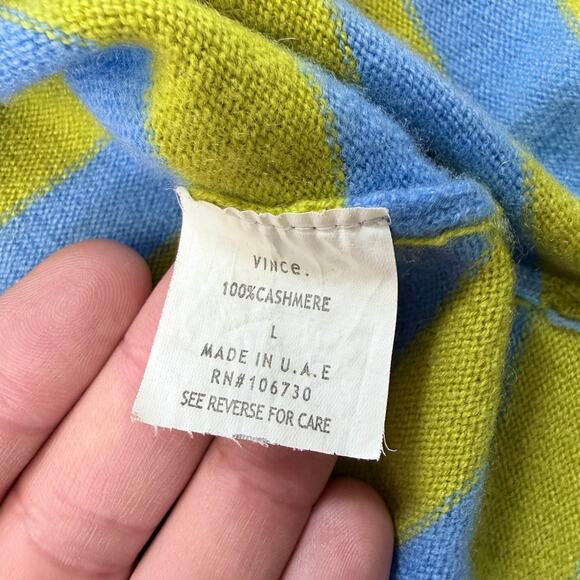 VINCE 100% Cashmere Sweater Womens Large Blue Green Striped V-Neck Luxury Knit - Picture 10 of 11